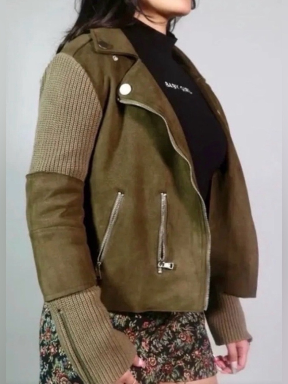 Olive Green Suede Moto Jacket with Knit Sleeves